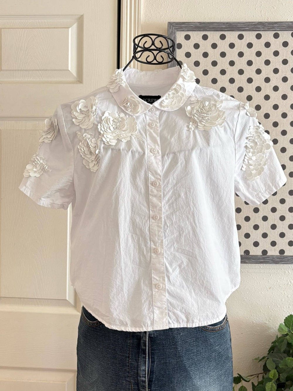 J. Crew White Short-Sleeve Button-Down Shirt with 3D Floral Sequins Appliqués